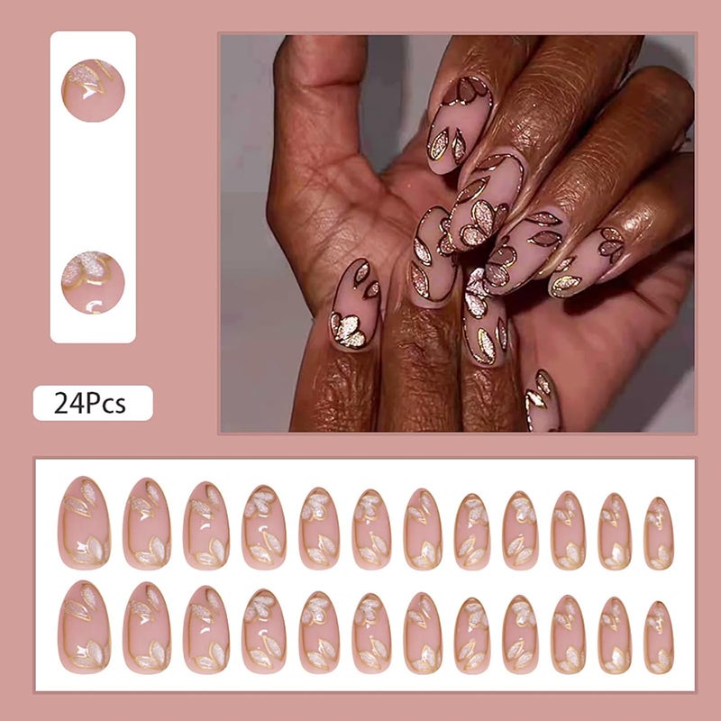 ASABITE 24 Pcs Nude Press on Nails Medium Almond Fake Nails with Glue Artificial Acrylic Nails Press ons with Golden Glitter Leaf Design Full Cover Reusable Stick on Nail for Women Girls Daily Wear - Image 2